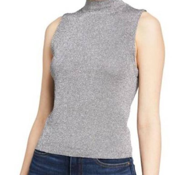 Coldwater Creek Silver Glitter Silk Blend Sparkle Mock Turtleneck Blouse Size L - Picture 1 of 12